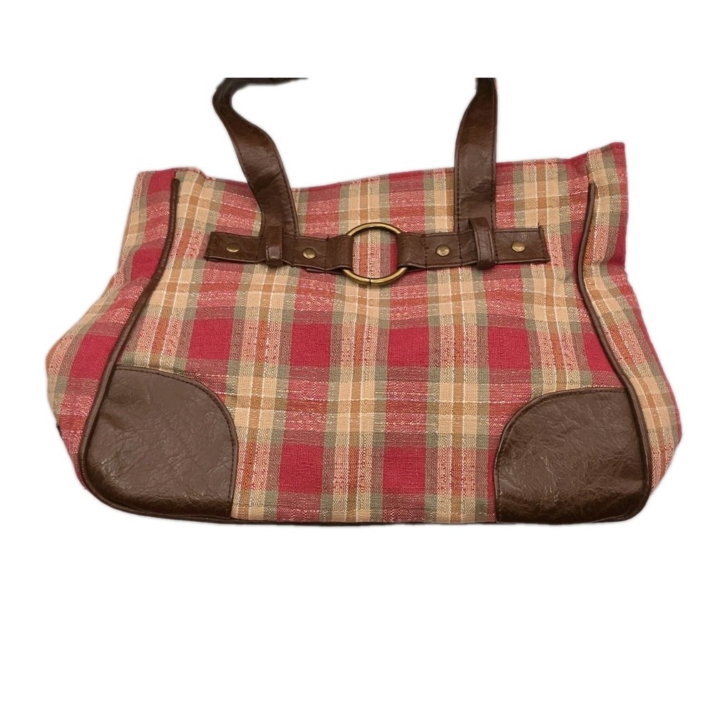 Longaberger Homestead Plaid Tote Bag Red Tan Woven Shoulder Bag Brown Trim